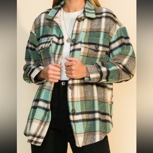 HYFVE | Green, Red, Tan & Black Plaid Button Up Oversized Shacket, Womens Large